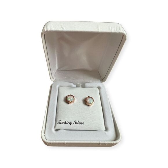 14k Rose Gold Over Silver Lab-Created White Opal Geometric Stud Earrings - Picture 1 of 5